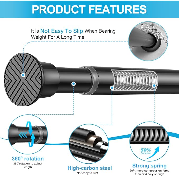 2Pack Tension Rod 24-48Inch Black Curtain Rods for Windows Spring Adjustable Curtain Rods no Drilling Tension Curtain Rods for Window,Doorway,Closets