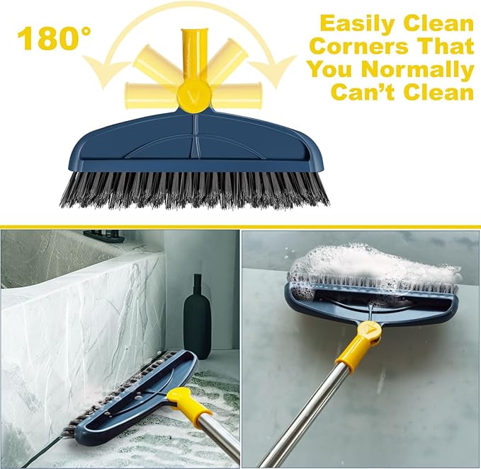 Long Handle Grout Cleaning Brush with for Tile Floors, Tapered Bristles Grouting Line Brush, 2 in 1 Scrub with Scraper