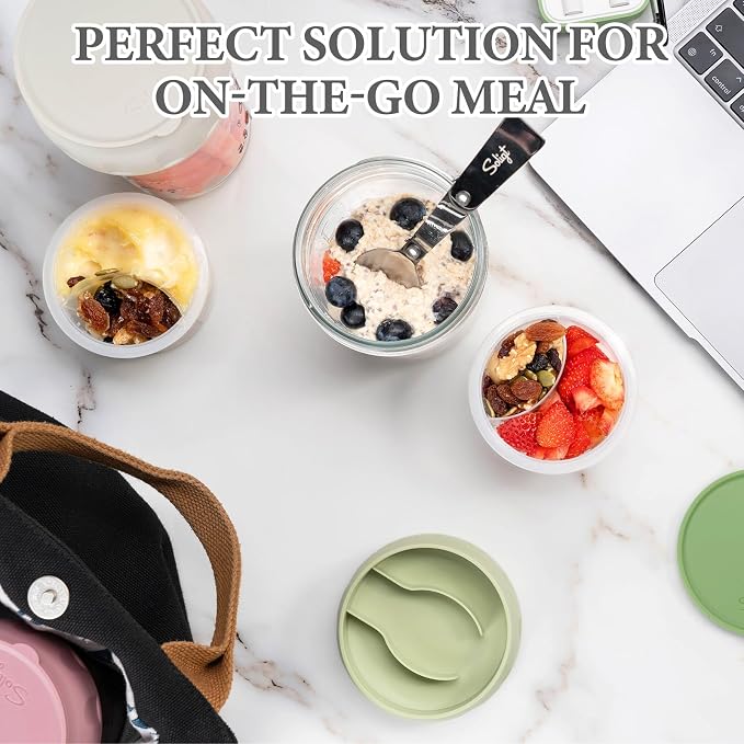 SOLIGT 2 Pack Overnight Oats Containers with Lids (White/Organic Green) | Folding Spoons and Divided Compartments for Fruit&Nuts, Small Glass 16oz Mason Jars for Oatmeal Yogurt Parfait