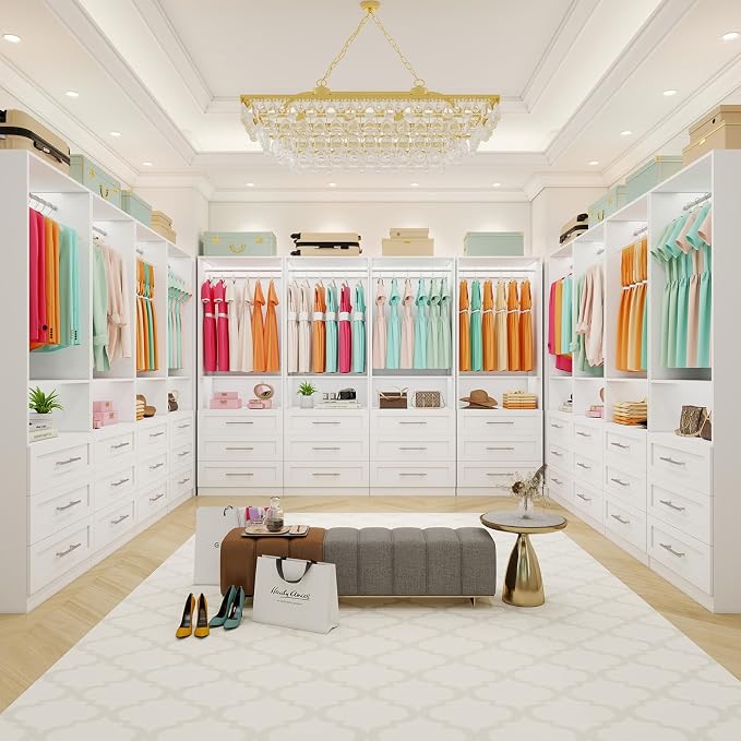 Closet System with 9 Drawers, 6-15FT Closet Systems for Walk in Closets with 6 Expandable Rods & 3 Shelves, Wood Custom Modular Closet Organizer Storage System Shelving Kit, 3 Sets, White