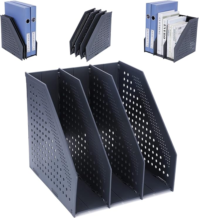 FRETONBA Collapsible Magazine File Holder, 3 Vertical Compartments | Foldable Space-Saving, Sturdy Plastic Binder Holder, Compact for Desk or Shelf, for Office & Home, Easy Access, Dark Gray