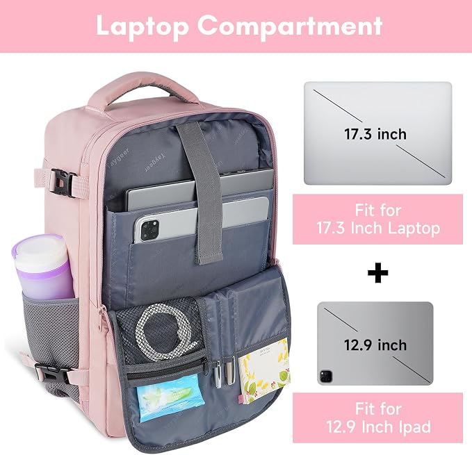 Taygeer Laptop Backpack for Women, TSA Friendly 40l Carry On Mochila | Large Travel Backpack with 17.3" Laptop Compartment, Daypack Business Computer Bag for Office Work Travel Essentials, Pink