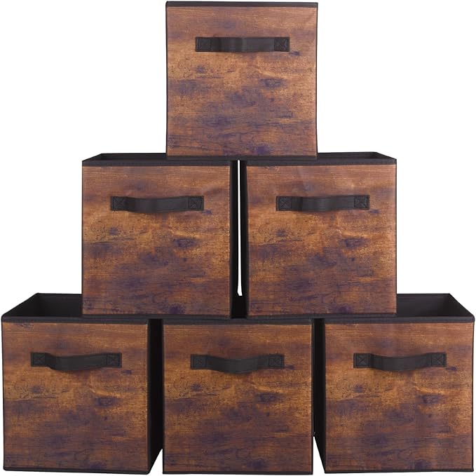 PowerKing Collapsible Storage Cubes, Farbic Storage Bins, Wood, 6 Pack | Sturdy, Lightweight, Easy Pull Handle, Closet & Shelf Organizer, Clothes and Toys Storage, 10.5'' x 11'' x 10.5''