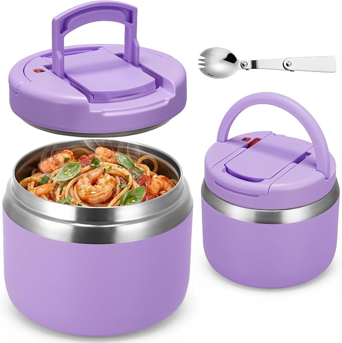MAXSO 14oz Vacuum Insulated Food Jar with Spoon Buckle Lid, Kids Soup Thermo for Hot Food Wide Mouth Leakproof Stainless Steel Lunch Container - Purple