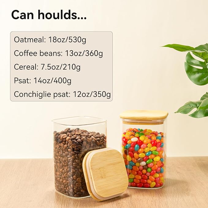 6 Pack Glass Pantry Storage Jars - 37oz Airtight Food Storage Containers Set with Bamboo Lid Labels, Square Kitchen Pantry Canister Organizers for Cookies Candy Coffee Bean Sugar Tea Spice Cereal