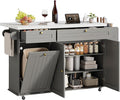 ONBRILL 60" Kitchen Island with Power Outlet & Drop Leaf, Rolling Island with Spice Rack & Towel Rack, Kitchen Island Cart with Trash Storage Cabinet, Island Table for Kitchen, Grey+Imitation Marble