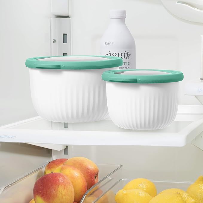 Oggi Prep, Store & Serve Plastic Bowl w/See-Thru Lid- Dishwasher, Microwave & Freezer Safe, (1.4 qt) White/Aqua