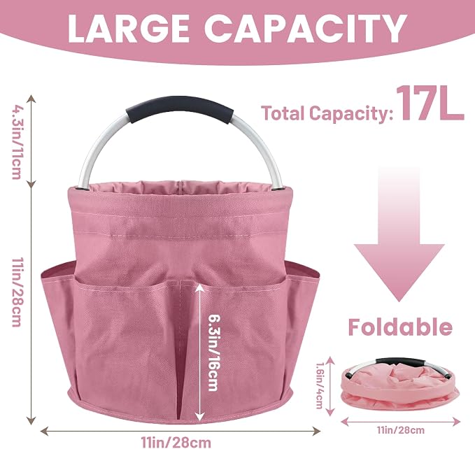 Cleaning Caddy with Handle, 17L Cleaning Supplies Organizer, Pink | 600D Oxford Fabric Storage Basket with 6 Pockets, Multifunctional Bucket Bag for Picnics, Camping, Gardening, Bathing