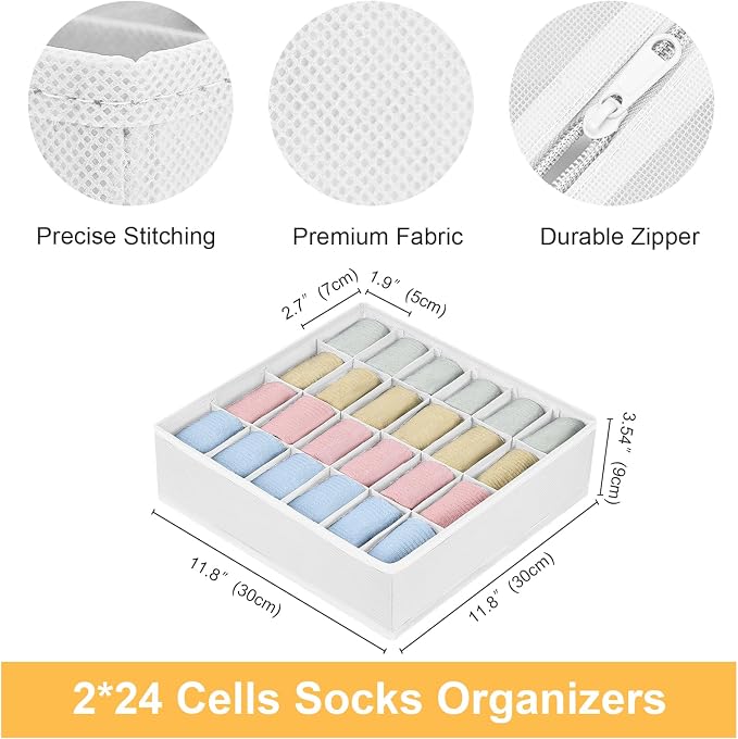 Joyoldelf Sock Organizer Drawer Organizer - 2 Packs Underwear Organizer, 48 Cells Collapsible Closet Organizers and Storage Sock Holders Organizers for Storing Socks, Ties, Belts(White)