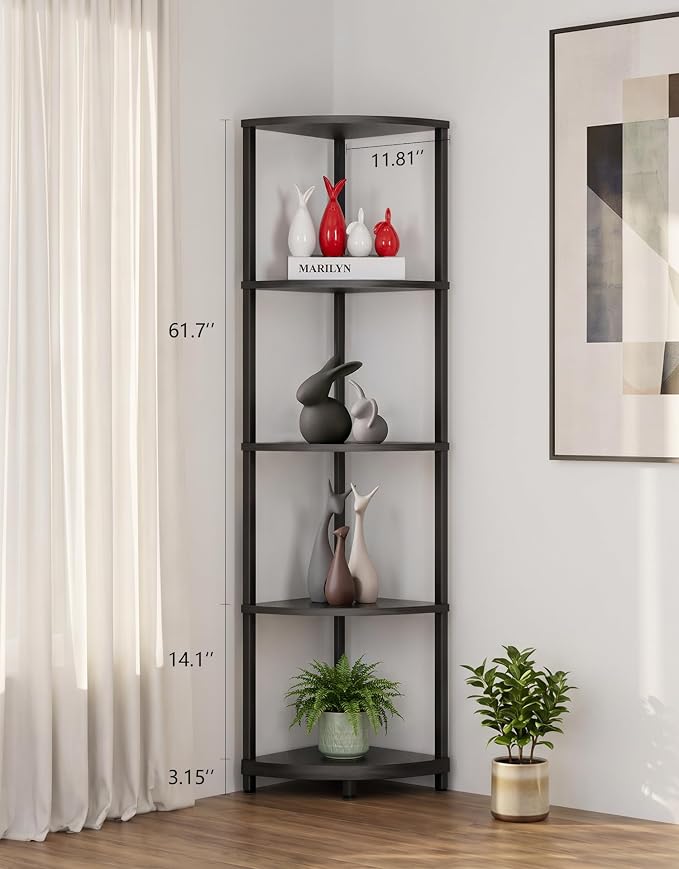 PARTPHONER Corner Shelf with LED Light, 5 Tier Smart Color Changing Floor Lamp with Remote, 62" Display Shelf Bookshelf Narrow Storage Rack Standing Lamp for Living Room Bedroom Home Office Décor