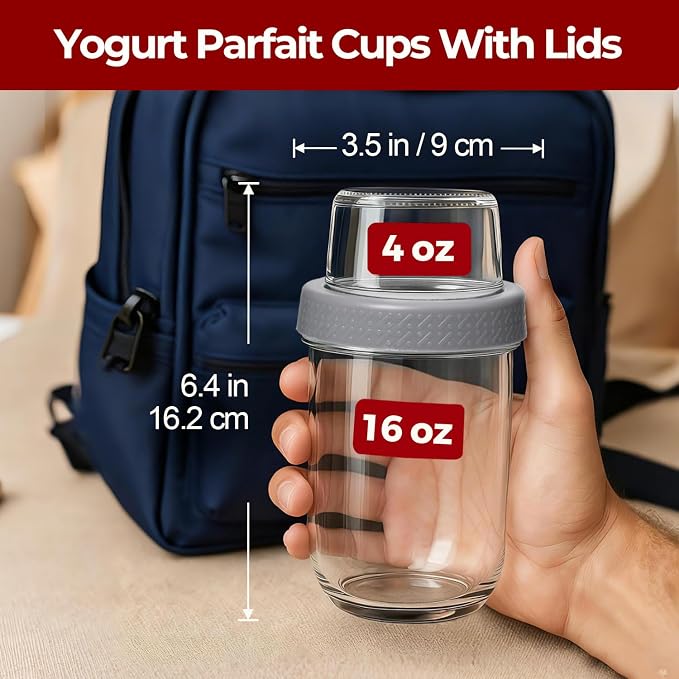 16+4 oz Yogurt Parfait Cups with Lids 4 Pack Overnight Oats Jars | Dry Wet Separation, Cereal Cups,Chia Pudding,Snacks,Nuts, Fruit,Granola Toppings,Meal Prep Jars