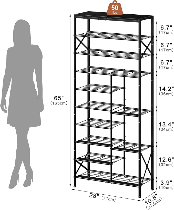 10-Tier Shoe Rack, Shoe Storage Organizer with Boots Storage, Large Capacity Shoe Shelf Holds 27-30 Pairs of Shoes, Durable and Stable, for Entryway, Closet, Hallway, Dorm Room, Black