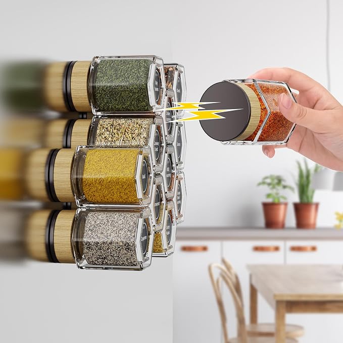 Vetacsion Set of 12 Magnetic Spice Tins with 2 Black Metal Wall-Plates,100 Preprinted Seasoning Label Stickers,2 Styles for 3 oz Herb Jars (12 PCS)