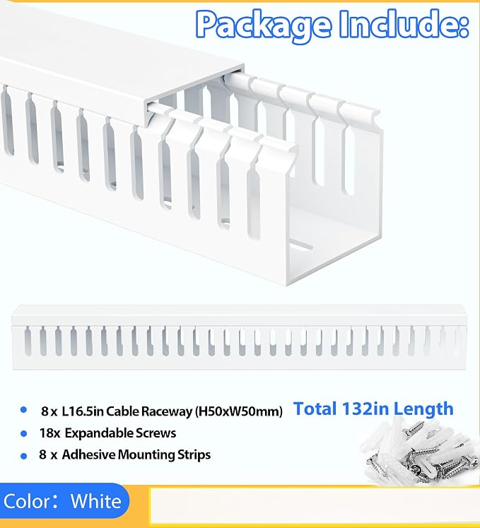 2" H x 2" W Cable Raceway, 132in Under Desk Wire Management Channel, White | Slotted Wire Duct, 8Pack, 16.5in Each, Heavy-Duty PVC Cable Management for Server Racks, Network Cables & Electrical Cabinets