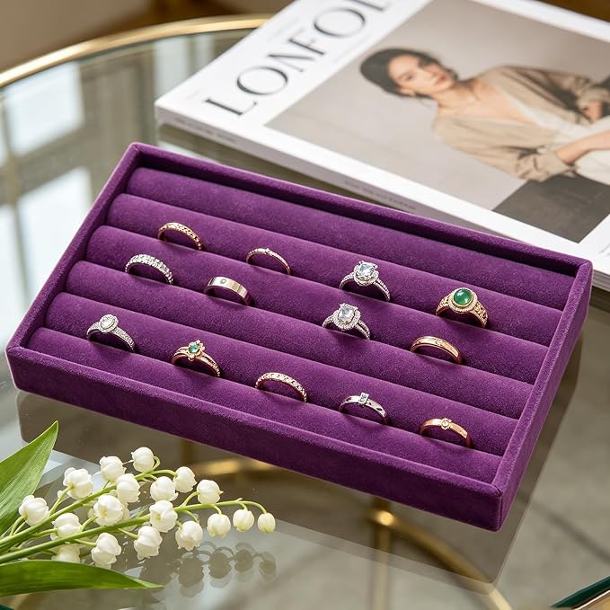 Velvet Jewelry Trays for Drawers, Purple Stackable Jewelry Drawer Organizer Inserts, Ring Earring Necklace Bracelet Holder Organizer Storage Display Tray with Removable Dividers, 8 Rolls