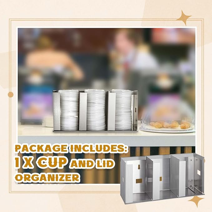 Hicarer 3 Compartments Stainless Steel Cup Dispenser with Adjustable Dividers Silver Cup and Lid Holder Lid Organizer Storage for Cabinet Kitchen Cafe Tea Shop Restaurant, Silver