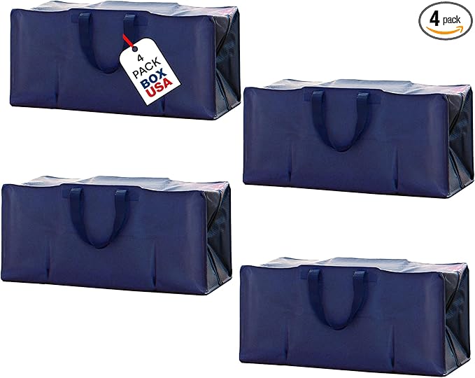 BOX USA 4-Pack Moving Bags with Strong Handles & Zippers - Heavy Duty Extra Large Packing Bags for Storage, Moving Boxes, Dorm & College Supplies, Blue