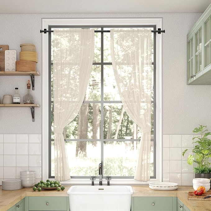 4PCS Spring Tension Curtain Rods 24 to 46 Inch Black Tension Rod Spring Curtain Tension Adjustable Curtain Rods for Kitchen, (With 4 Set Rod Holder)