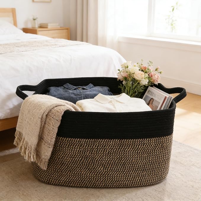96L XXXLarge Woven Laundry Basket with Sturdy Handles - Black/Jute | Machine washable,Space-Saving Collapsible Design,Cotton rope, blanket basket living room,for toys clothes nursery bathroom