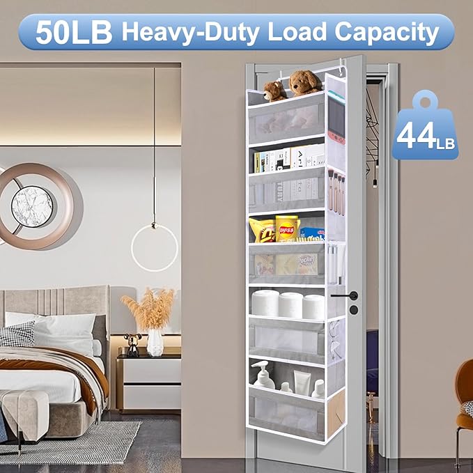 ANHUXINLEI Over The Door Organizer Storage, 5 Large Capacity Pockets & 5 Side Pockets, Anti Tilt 44 lb Load Behind Door Storage for Bedroom, Bathroom, Pantry, Nursery (Grey)