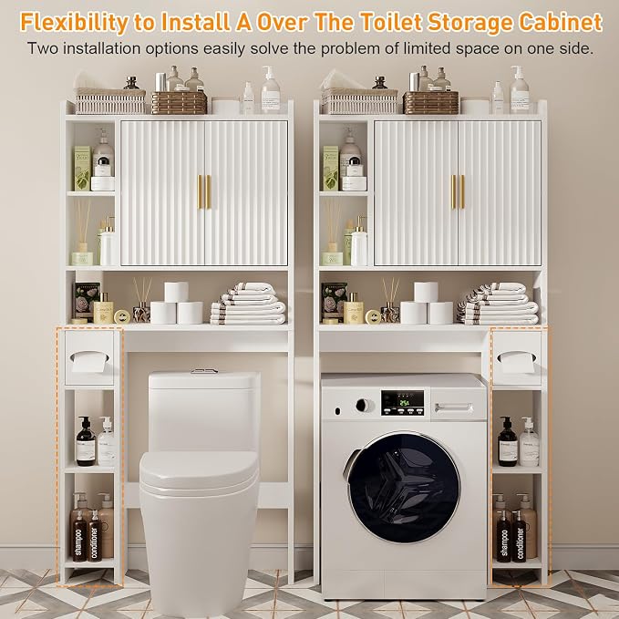 knoworld Fluted Over The Toilet Storage Cabinet, Above Toilet Bathroom Organizer with Toilet Paper Holder, Modern Behind Toilet Cabinet, Space Saver for Restroom, Bathroom, Laundry, White
