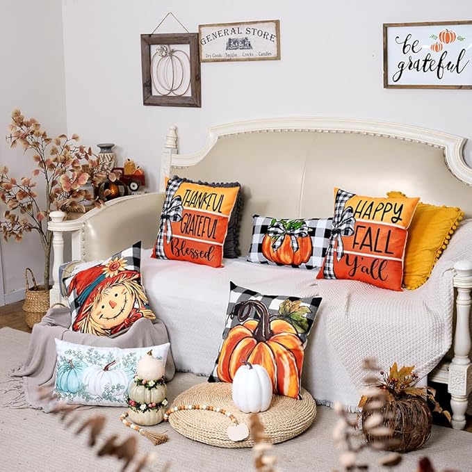 GEEORY Fall Throw Pillow Covers 16x16 Inch Set of 4, Pumpkin Scarecrow Buffalo Plaid Orange Autumn Seasonal Decorative Farmhouse Decoration for Home G563-16