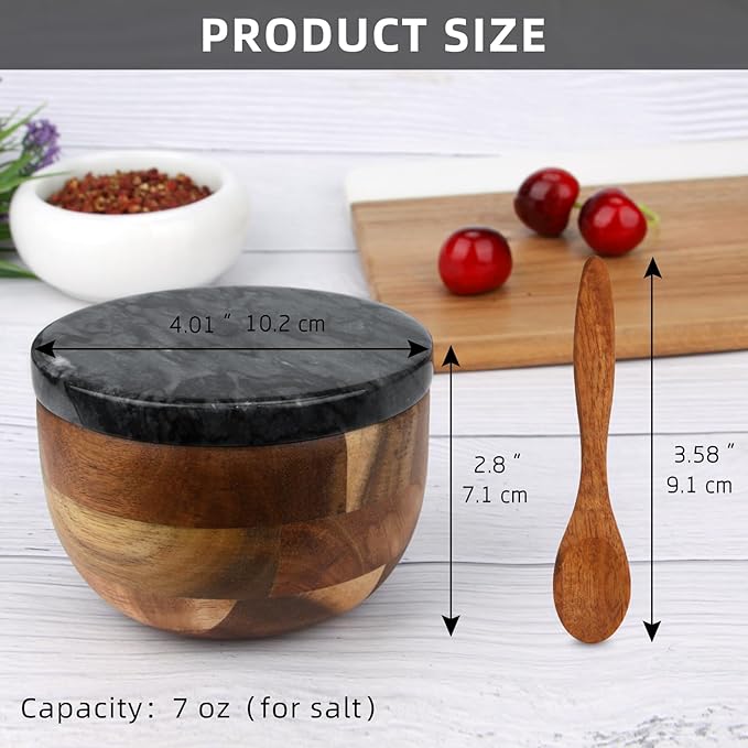 Wooden Salt Cellar Box with Marble Lid & Spoon, Modern Black Stone Salt or Pepper Sugar Spice Seasoning Bowl Container Jar Holder Well Keeper Dish Pig Crock for Kitchen