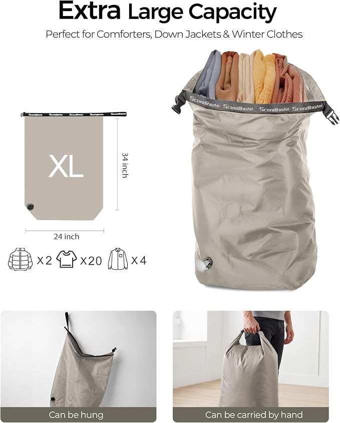 Travel Laundry Bag, Pump-Free Vacuum Compression Dirty Clothes Bag, Extra Large Reusable Waterproof & Washable Laundry Bag, Ideal for Suitcases, Road Trip Essentials, Gray, 1 Pack (XL)