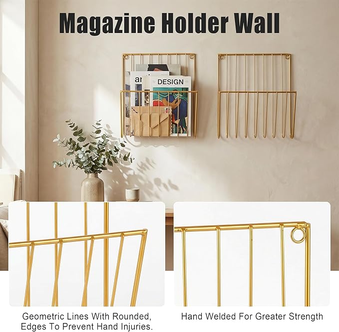 2-Pack Wall Magazine Rack, Magazine Holder Wall Mounted for Space-Saving, Walls Magazine Holder for Mail, Bathroom & Home Office Organizer, Office Living Room(Gold)