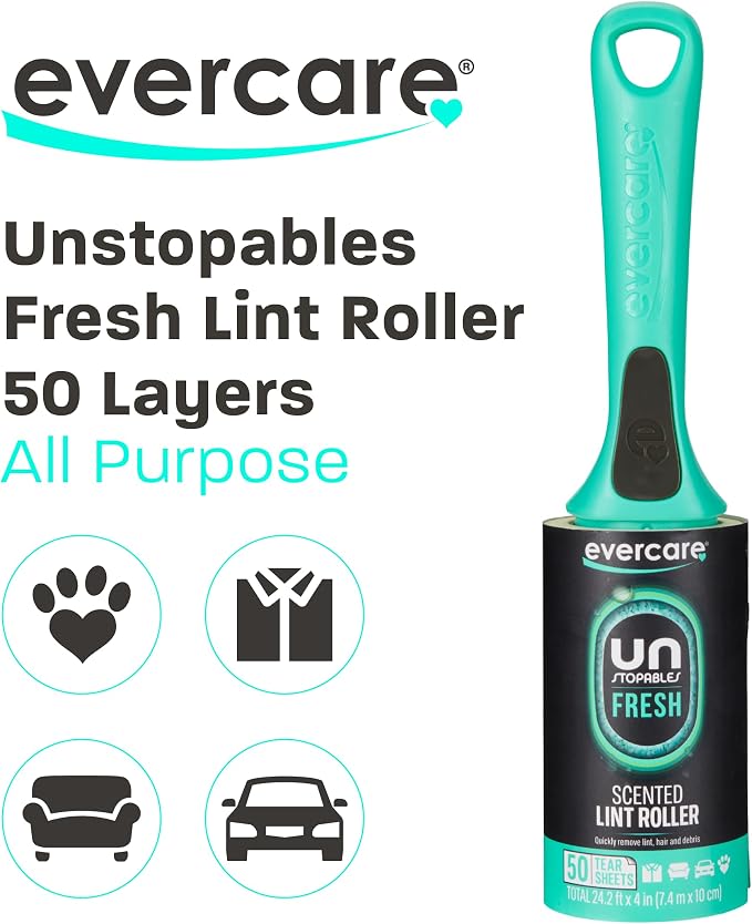 Evercare with Unstopables Fresh Scent All-Purpose Lint Roller, 4-Pack, 50 Layers Per Roller, Total 200 Sticky Sheets, Pet Hair & Lint Remover