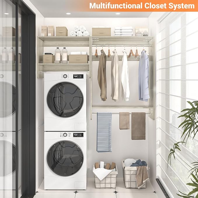 Unikito 36” - 60” Closet System, 5FT Walk in Closet Organizer Starter Kits with 3 Hanging Rod and 3 Shelves, Heavy Duty Reversible Wood Clothing Rack, Cut Be Cut to Fit, Max Load 800 LBS, White Oak
