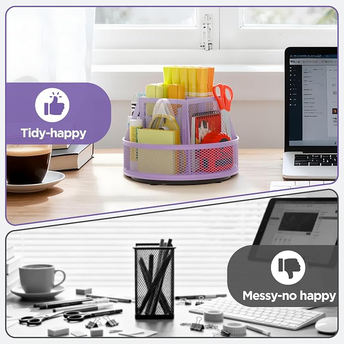 Docnest 360°Rotating Mesh Desk Organizer,6-Compartment Pen Holder,Purple | Heavy-duty metal holder with removable divider. Space-saving stationery storage for pencils, scissors & markers