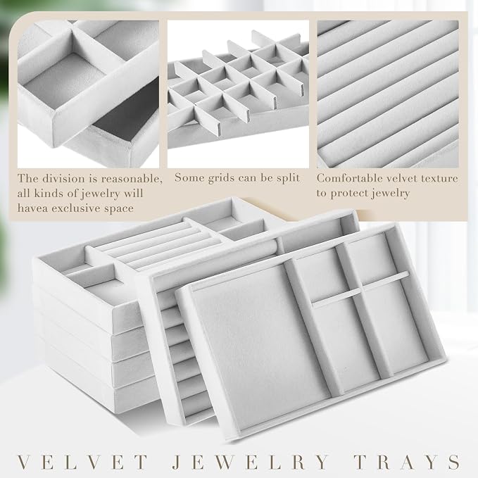 Junkin 18 Pcs Jewelry Drawer Organizer Inserts, Stackable Jewelries Inserts for Dresser Drawers, Drawer Insert Organizers Velvet Jewelry Trays for Rings Earring Bangle Necklace(Gray)