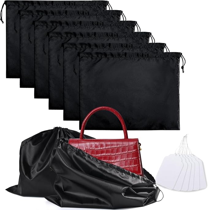 6 Pack Purse Dust Bags Large Silk Drawstring Dust Bag Cover for Handbag Shoe Storage(Black, L-23.6 × 19.6 in)