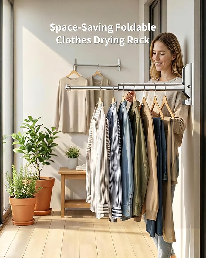 BaiNong Pull Out Wall Mounted Clothes Drying Rack Silver 13" Foldable | Laundry and Drying Solutions for Small Spaces Easy to Install