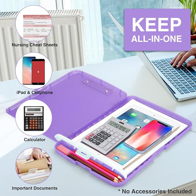 Sooez Glitter Clipboard with Storage, High Capacity Clip Boards 8.5x11 with Pen Holder, Cute Clipboards with Low Profile Clip, Sparkle Plastic Organizer Case Box for Women & Kids, Side Opening