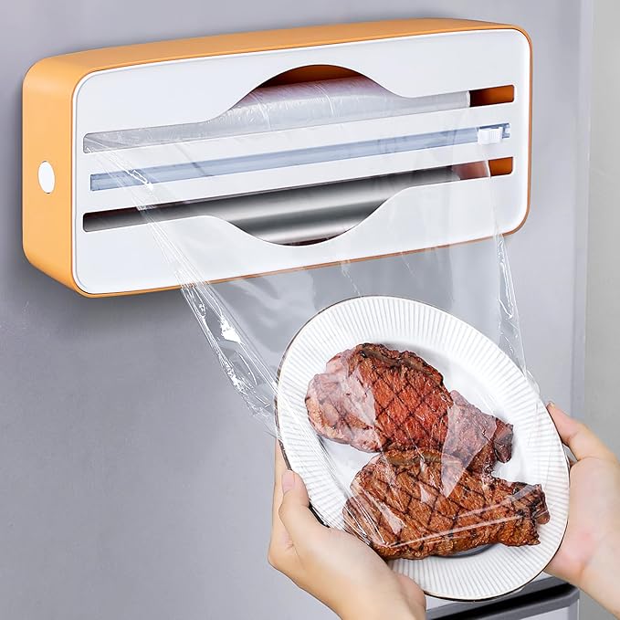 Dual-Slot Multifunctional Kitchen Cutter | For Cling Film, Aluminum Foil, and Parchment Paper Storage & Cutting | Easily Cut Two Materials at Once (Yellow(magnetic))