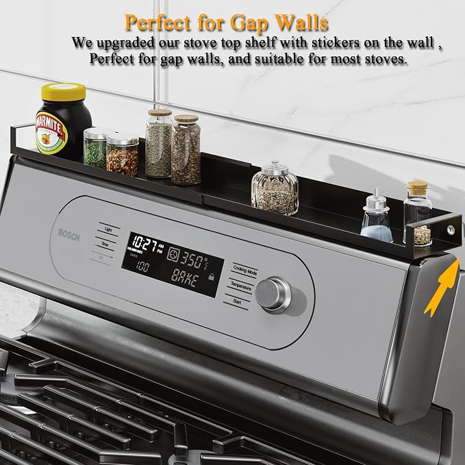 Magnetic Shelf for Stove Top, Adjustable 15"-30" Stove Top Shelf Kitchen Magnetic Spice Rack Organizer Storage, Stainless Steel, Metallic Black