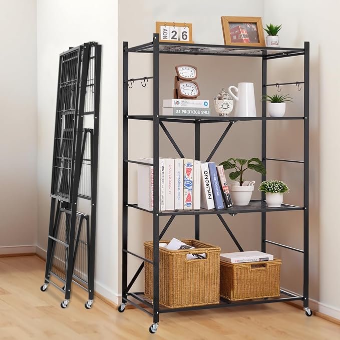 VEVOR 4-Tier Foldable Storage Shelf, 36W x 21D x 60H Inch Folding Metal Rack Shelving Unit, No Assembly Organizer Shelf with 5 Wheels & 4 Hooks for Pantry, Kitchen, Garage, Basement, Black