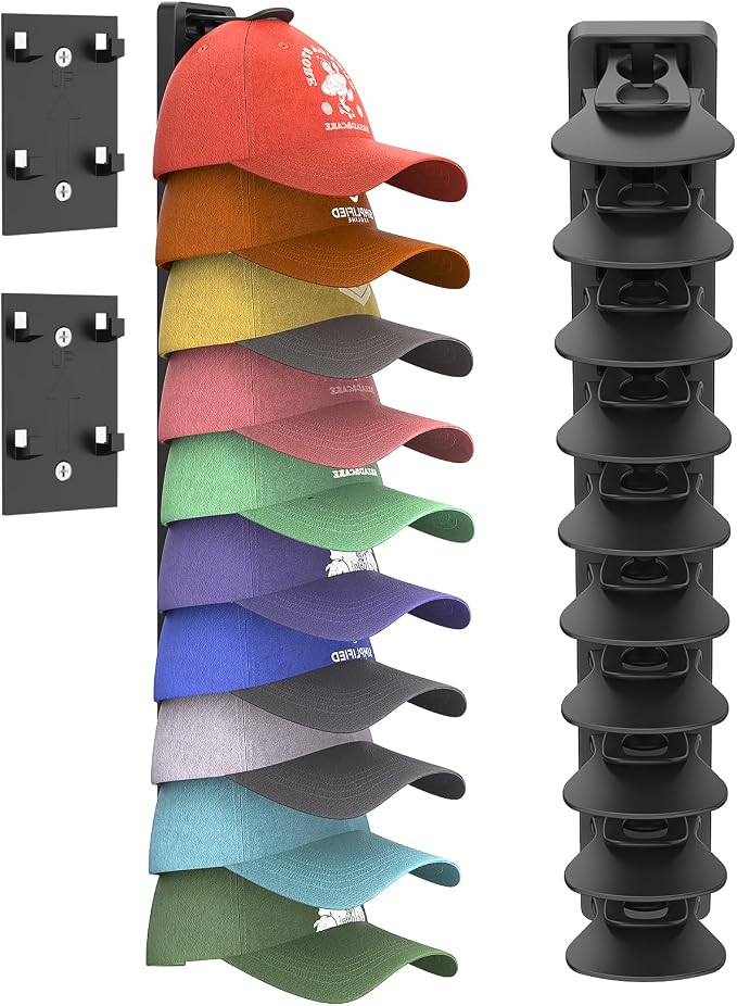 Hat Organizer for Baseball Caps 1 Pack, Adhesive Hat Rack for Wall Hold Up to 20 hats,With 2 Fixed Glue(Black-1 Pack+2 Fixed Glue)