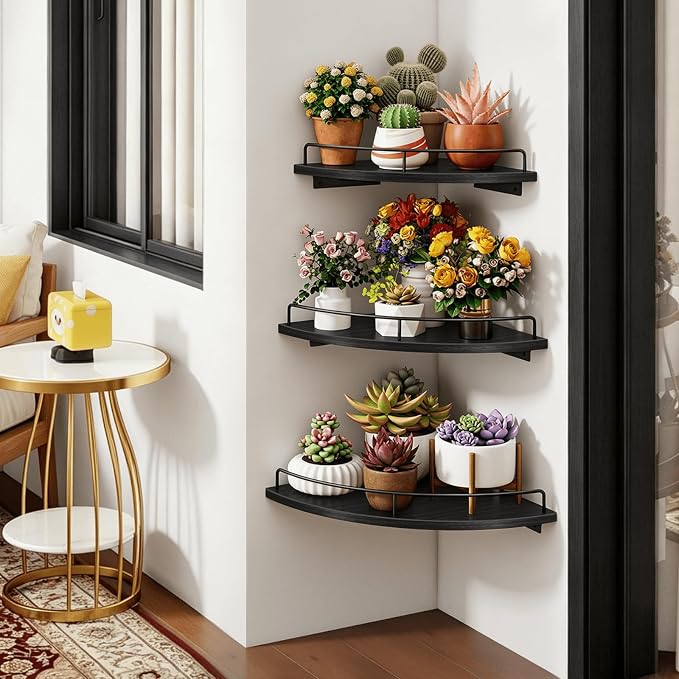 Homode 3 Tier Corner Floating Shelves, Wooden Corner Shelf Wall Mount 9/10/12 Inch with Guardrail, Rounded Hanging Corner Wall Storage Shelving for Bedroom Bathroom Kitchen Office, Black