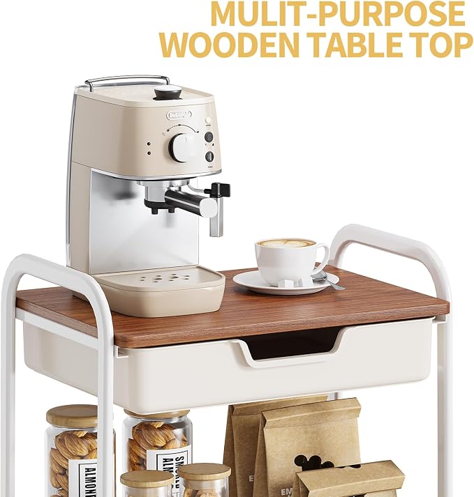 TOOLF 3 Tier Metal Utility Rolling Cart - White Storage Cart with Drawer and Wooden Table Top, Trolley Kitchen Organizer Rolling Desk with Locking Wheels for Office, Classroom, Home, Bedroom