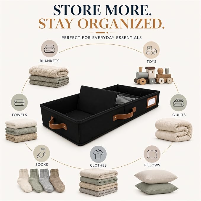 HOMELUX THEORY 2pc Under Bed Storage Containers, Bedroom Under the Bed Drawer Storage Organizer with Bins and Lids, Medium Underbed Clothes Storage Box Ideal for Blanket, Fabric, & Shoes (Black)