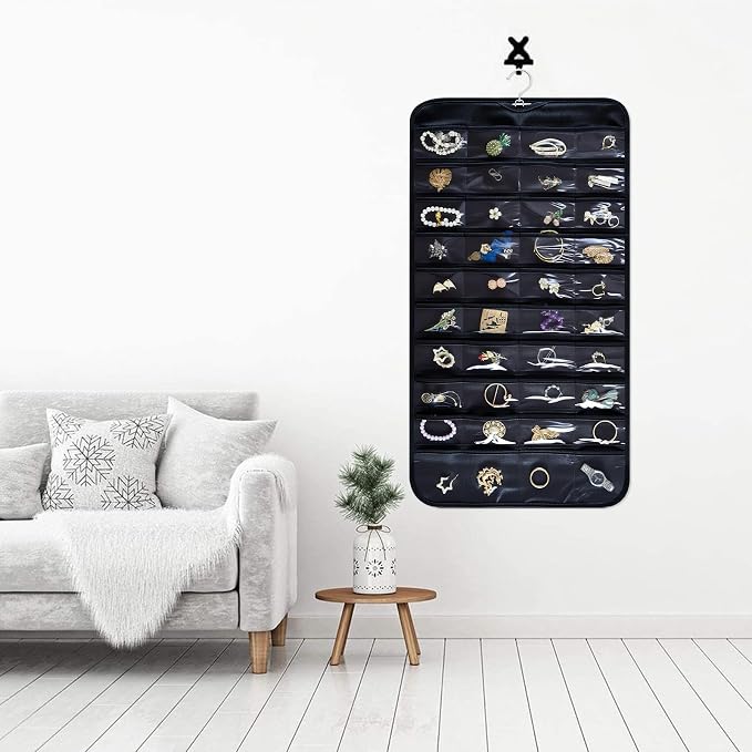 Hanging Jewelry Organizer Storage Roll with Hanger Metal Hooks Double-Sided Jewelry Holder for Necklaces, Earrings, Rings on Door, Wall, Closet, 48 Pocket Organizer,Black