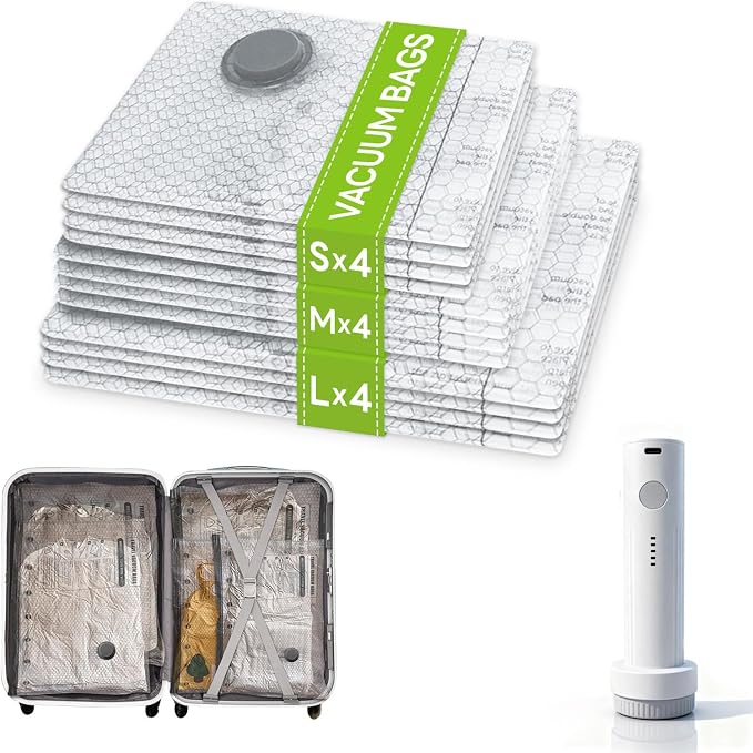 12 Pack Vacuum Bags for Travel with USB Pump,Cordless Travel Vacuum Bag Set for Luggage and Suitcase,Portable Space Saver Storage Seal Packing Bags for Clothing