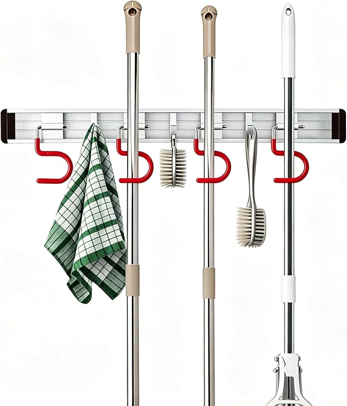 Wall Mounted Mop and Broom Holder Stainless Steel S Type Broom Rack Anti-Slip Mop Organizer (17 Inches,4 Positions 3 Hooks, Red White)