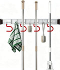 Wall Mounted Mop and Broom Holder Stainless Steel S Type Broom Rack Anti-Slip Mop Organizer (17 Inches,4 Positions 3 Hooks, Red White)