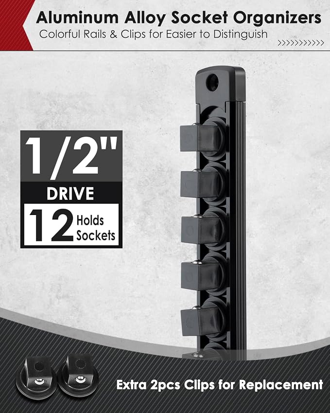 Pinoze 1/2" Magnetic Socket Holder Organizer - Aluminum Alloy Socket Rail Tray for Tool Box Drawer, Socket Rack with Extra 2Pcs Replacement Clips for Automotive Garage(Black)