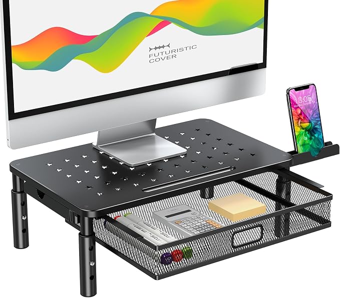 Zimilar Monitor Stand Riser with Metal Mesh Drawer, Height Adjustable with Phone Holder for Computer, Laptop, Printer, Notebook, Computer Monitor Stand with Storage