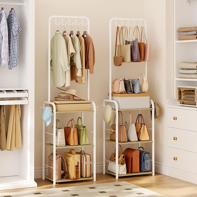 Hayexiha Tall Purse Organizer with Wood Shelves, Heavy Duty Metal Floor-Standing Handbag Storage Rack Stand for Women, Narrow & High-Capacity Bag Hanger Organizer for Closet, Bedroom, Small Space
